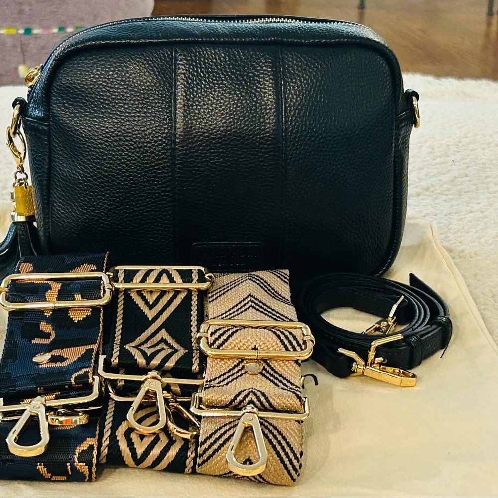 Pom Pom London BLACK City Leather Crossbody Bag W/4 New Straps! EUC!